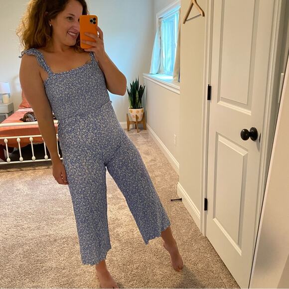 Intermix Blue White Floral Smocked Jumpsuit 4 - Picture 2 of 12